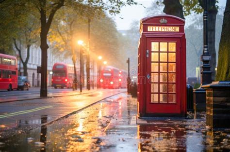 Iconic Red Telephone Booth On Rainy London Street At Twilight Stock