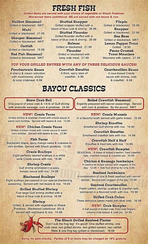 Menu at Shack Seafood & Oyster Bar, Oklahoma City