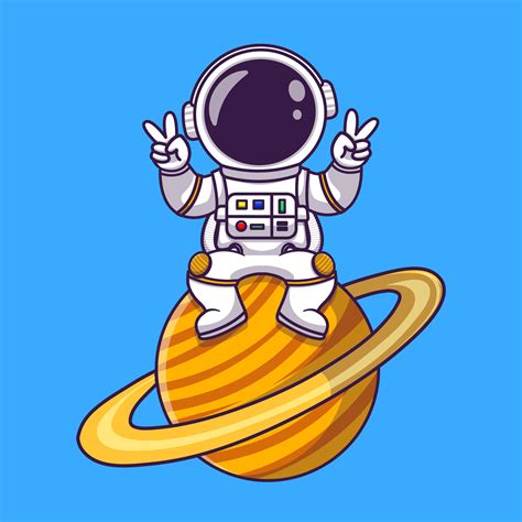 Cute Astronaut Sitting On Planet With Peace Hand Cartoon Vector Icon