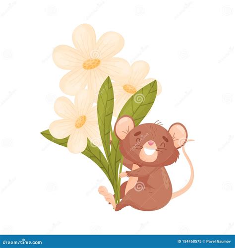 O Rato Dos Desenhos Animados Senta Se Flores Ilustra O Do Vetor No