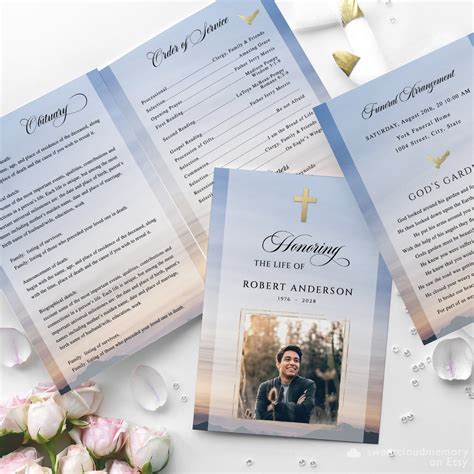 Blue Sky Gold Cross Funeral Program Template Funeral Memorial Program Funeral Service In Loving