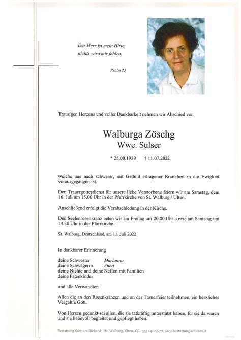 Walburga Zöschg aus Ulten TrauerHilfe it das Südtiroler Gedenkportal