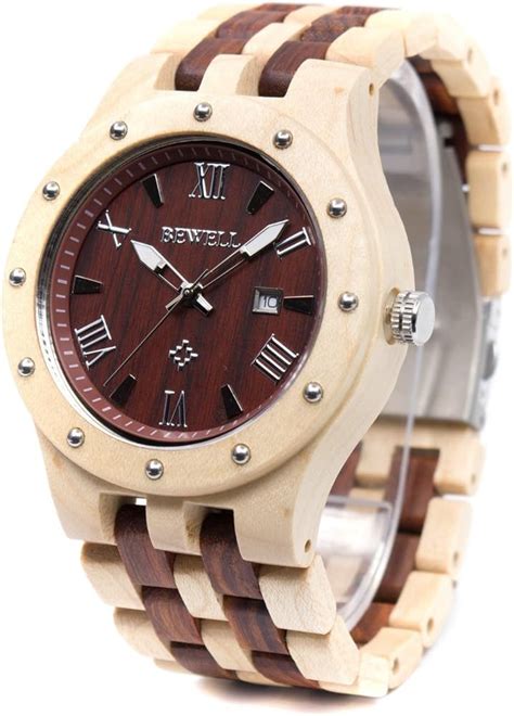 Bewell Mens Wooden Watches Handmade Date Display Analog Quartz