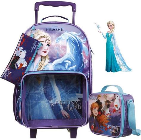 Kit Conjunto Mochila Escolar Infantil Frozen Rodinha Carrinho Menina