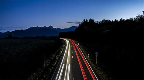 HD Wallpaper Long Exposure Night Road Street Lights Dark Trees