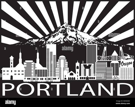 Portland Oregon Outline Silhouette With City Skyline With Mount Hood