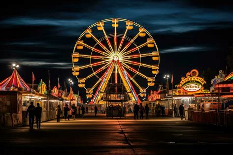 Amusement park at night with colorful ferris wheel and people, State ...