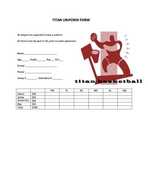 Fillable Online TITAN UNIFORM FORM 311 NorthShore Sportsplex Fax