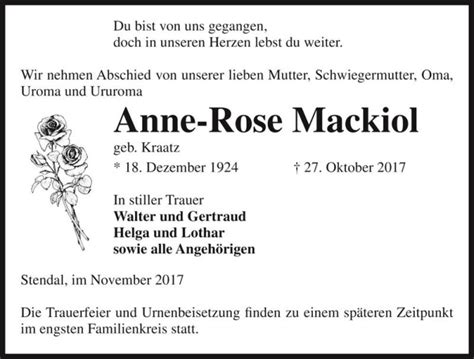 Traueranzeigen Von Anne Rose Mackiol Geb Kraatz Abschied Nehmen De