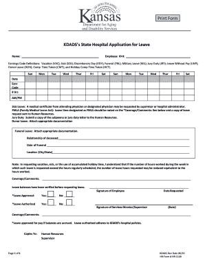 Fillable Online Aging Ks Kdads S State Hospital Application For Leave