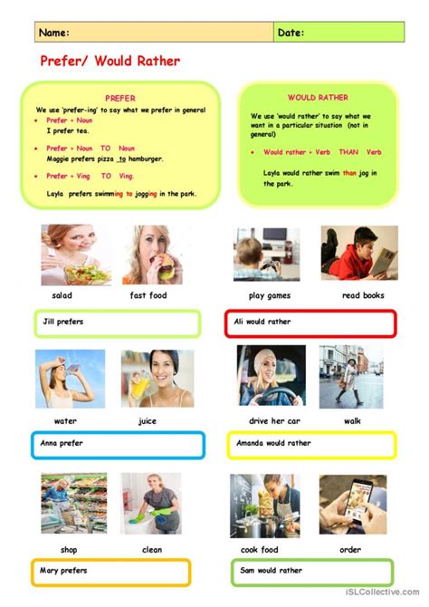 Prefer Would Rather General Gramma English ESL Worksheets Pdf Doc