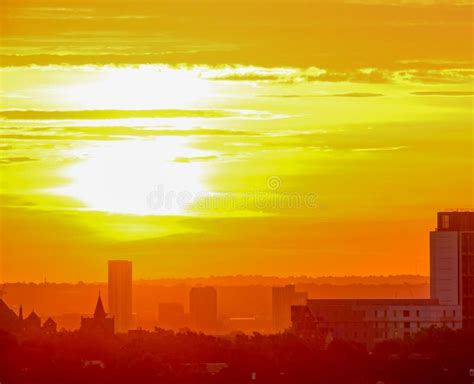 Vivid Orange Sky Sunrise Over Central London Viewed From Hampstead