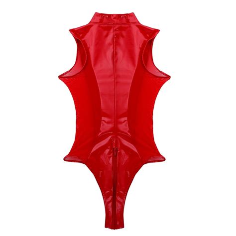 Patent Leather Sheer Mesh Splice Zipper Open Crotch Bodysuit Micro Bikini MB Micro Bikini