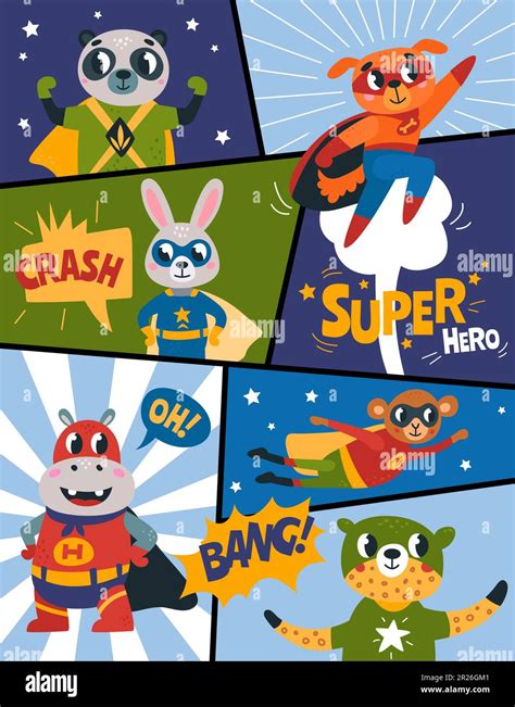 Super animal baby comic page template. Animals superheroes in cape and ...