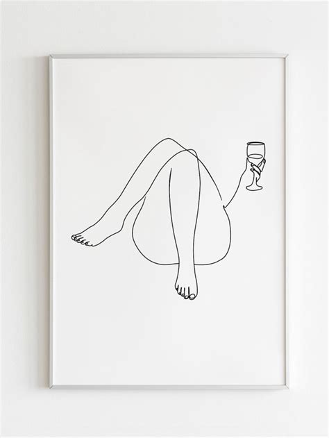 Wine Art Print DIGITAL ART PRINT Female Line Drawing Naked Woman Feminist Line Art Woman