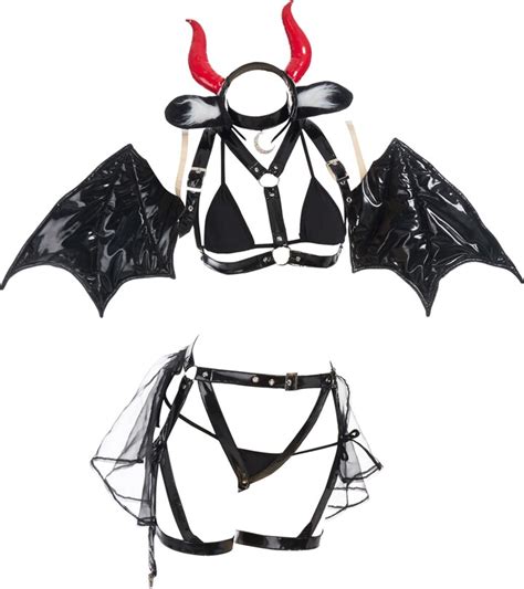 Meowcos Women Sexy Lingerie Set Devil Cow Top And Thong Sexy Sleepwear