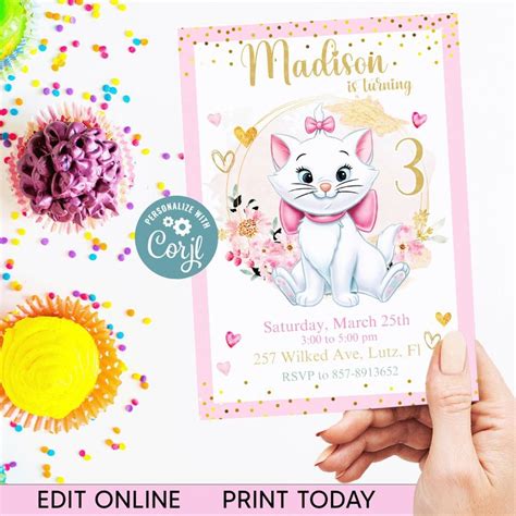 Editable Marie Aristocats Birthday Girl Invitation Marie Birthday