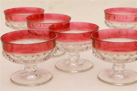 Vintage Kings Crown Pattern Glass Sherbets Or Champagne Glasses W Ruby Band Red Flashed Color