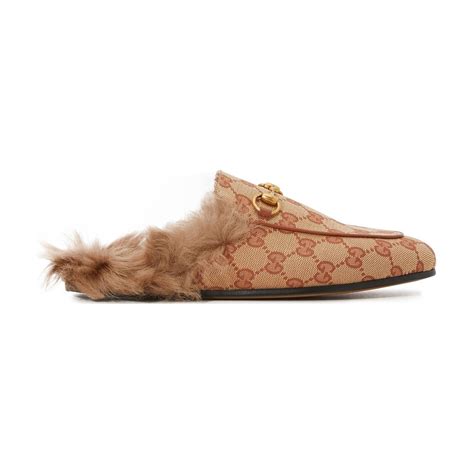 Gucci Canvas Princetown Fur Lined Mules In Beige Natural Lyst