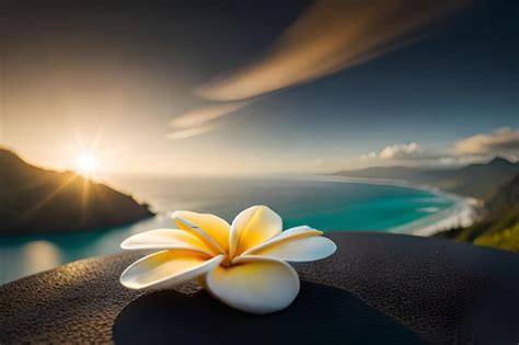 Premium AI Image | a flower on a beach with a tropical sunset in the ...