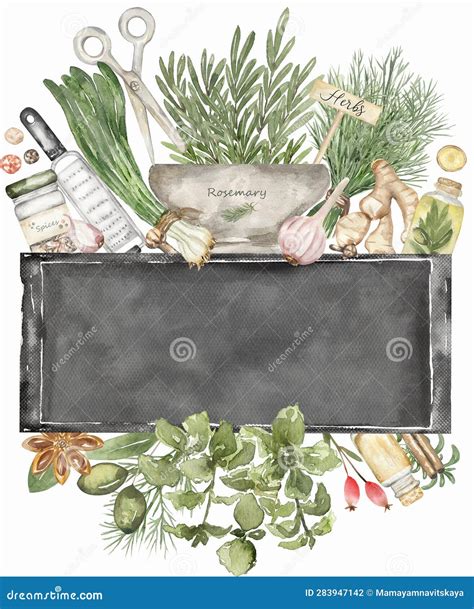 Watercolor Spices And Herbs Chalkboard Border Frame For Cooking Designs