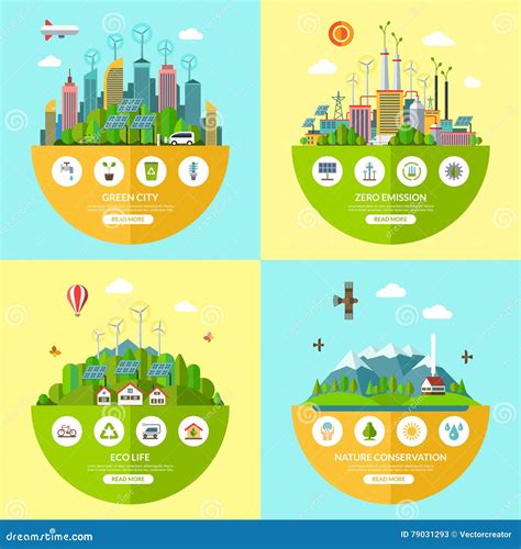 Set Of Vector Ecology Illustrations In Flat Style Stock Vector