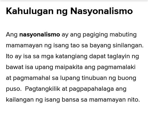 Ano Nga Ba Ang Ibig Sabihin Ng Nasyonalismo Pasagot Pls Brainly Ph