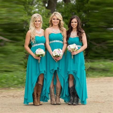 Real Image Hot Country Western High Low Turquoise Bridesmaid Dresses