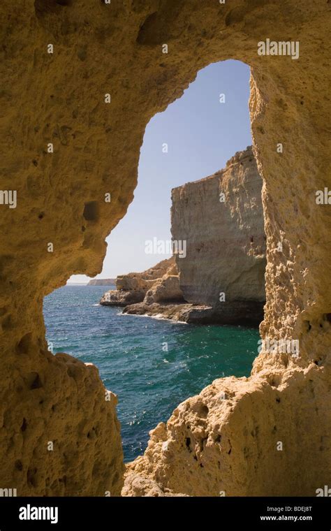 Portugal Algarve Carvoeiro Algar Seco Coast View From Cave Stock Photo