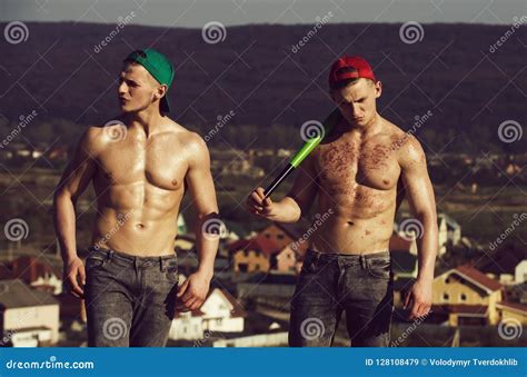 Twins Athletic Man With Naked Torsos Standing On Mountain Stock Image Image Of Leader