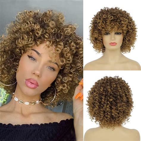 Amazon Amnenl Blonde Curly Short Wigs Afro With Bangs Dark Roots Kinky Wig For Black Women