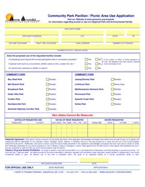 Fillable Online Aacounty Pavillion Picnic Area Use Application1