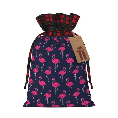 Rocae Cute Flamingo Print Christmas Drawstring Linen Gift Bag With