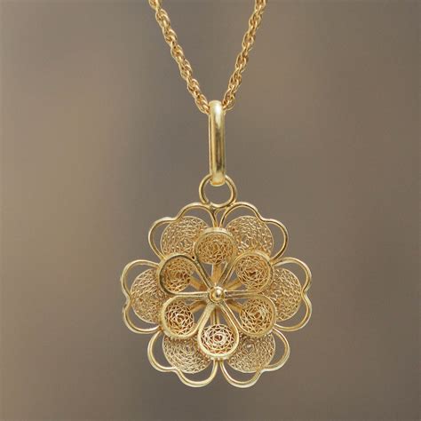 Gold Plated Silver Peruvian Filigree Flower Necklace - Yellow Rose | NOVICA