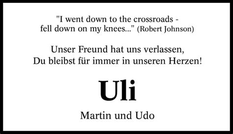 Traueranzeigen Von Uli Unbekannt Trauer In Nrw De