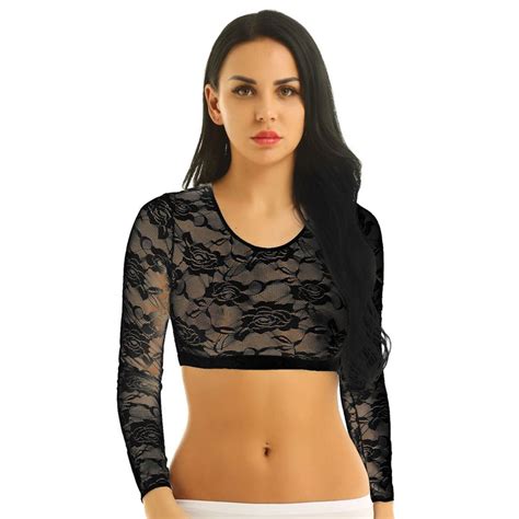 Buy Women S Sexy Tops Lace Mesh See Through Long Sleeves Crop Tops