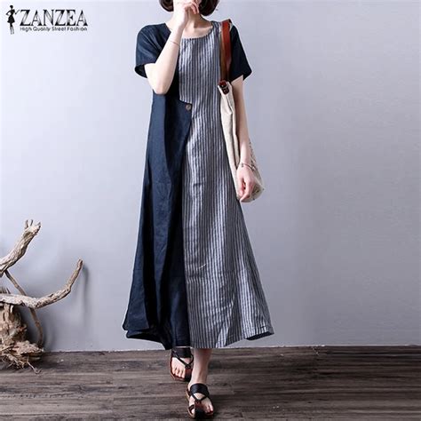 Plus Size 2019 Summer Dress Zanzea Women O Neck Striped Solid Patchwork