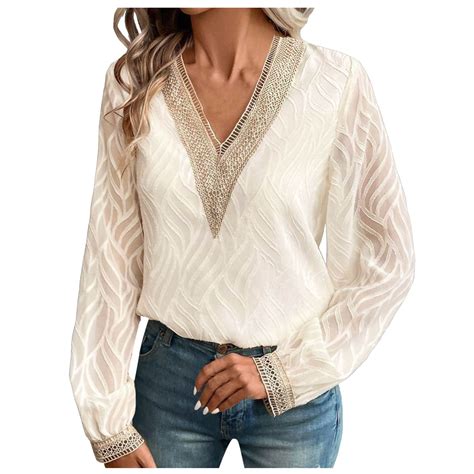 Jianjia Blouses For Women Dressy Casual Color Block Patchwork Lace V