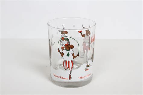 Vintage Neiman Marcus Holiday Christmas Theme Merry Fitness Bar Glasses