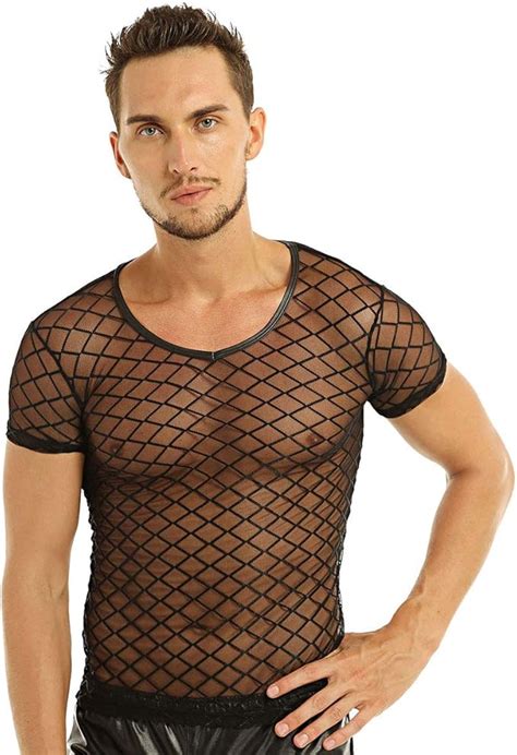 YOOJIA Homme Transparent T Shirt Manches Courtes Lingerie Sexy Débardeur Chemise en Maille