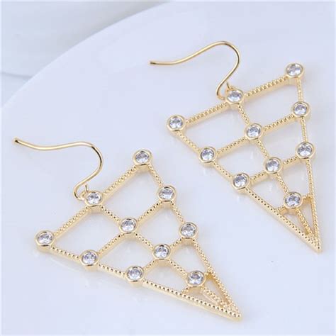 Cubic Zirconia Inverted Triangle Design Fashion Costume Earrings Golden