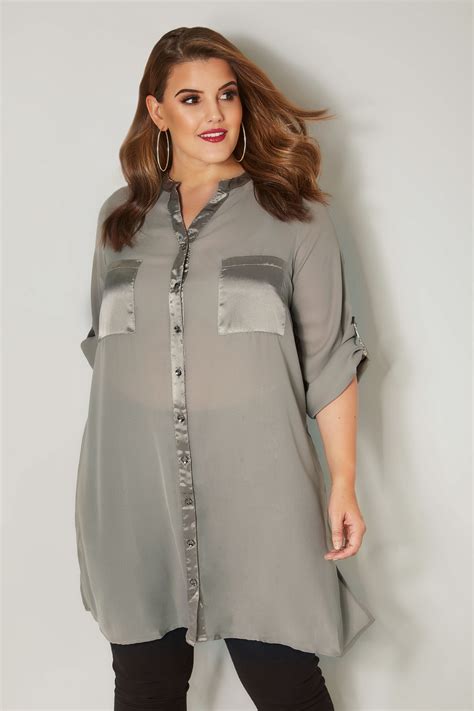 Yours London Pewter Green Chiffon Blouse With Satin Trim Plus Size 16