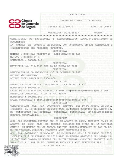 Certificado De La C Mara De Comercio