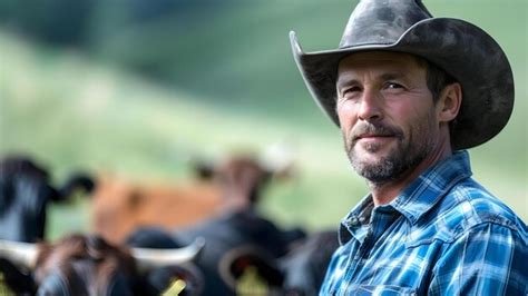 Confident cowboy in front of cows typical rancher or cowboy scene ...