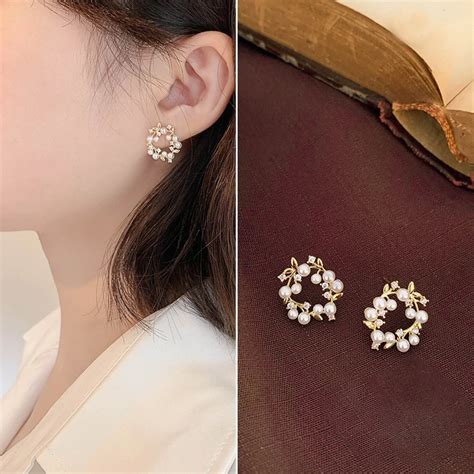 Exquisite Flower Butterfly Earrings For Women Korea Zircon Pearl Circle