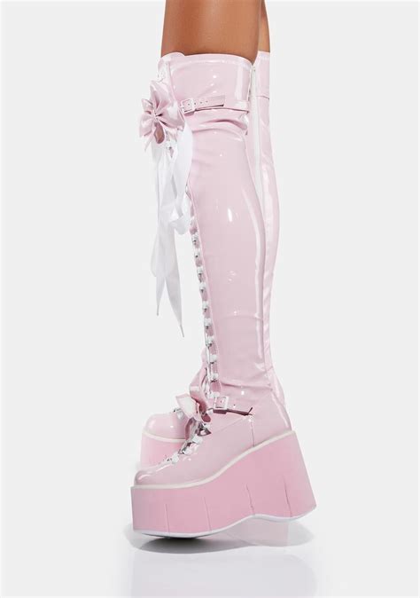 Demonia X Dolls Kill Kera 303 Bow Thigh High Platform Boots Baby Pink