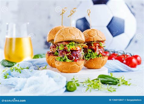 Fresh Delicious Burgers In Form Of Football Soccer Stock Image Image