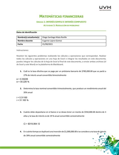 Actividad 3 Matematicas Financieras Universidad del Valle MATEMÁTICAS