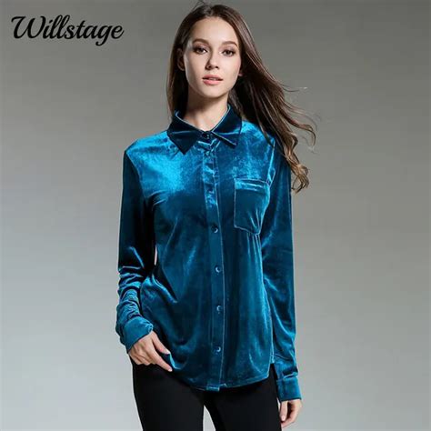 Willstage Long Sleeve Velvet Shirts Women Peacock Blue Blouse New 2019