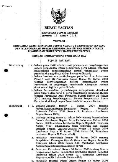 PERBUP NO 19 TAHUN 2013 PERUBAHAN ATAS KEPUTUSAN PERATURAN BUPATI NO